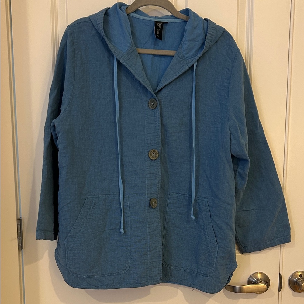 Relaxed Hooded Button Jacket in Dusty Blue
